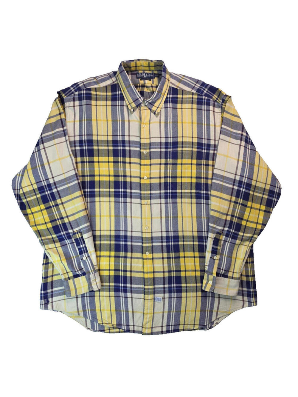 Ralph Lauren Vintage 80s Blue Yellow Plaid Button Shirt Mens Size XXL 2XL